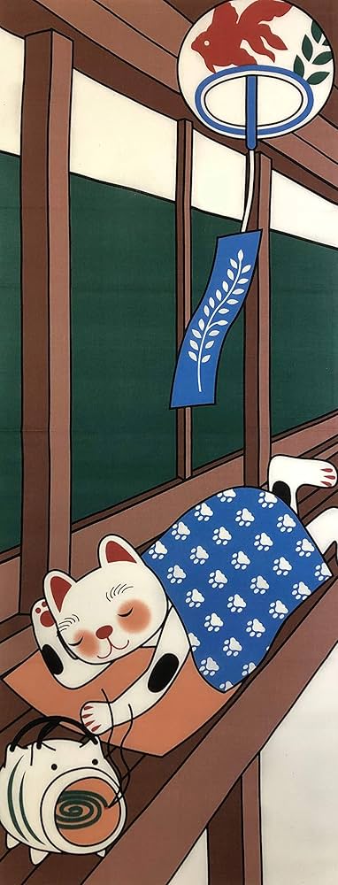 Amazon｜ヤギセイ 福招き猫シリーズ 捺染手ぬぐい 『お昼寝